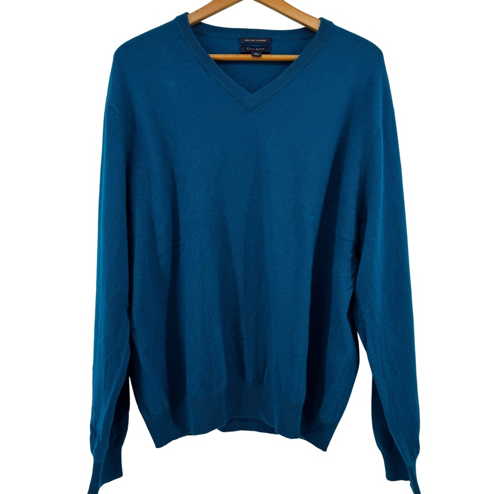 Club Room Mens Cashmere V-Neck Sweater XL Teal Blue Long Sleeve Knit Pullover